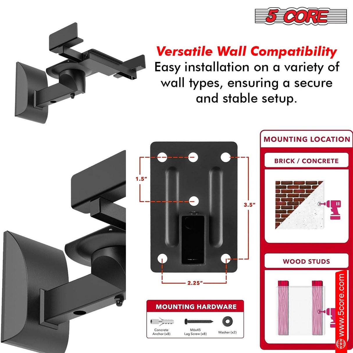 5Core adjustable swivel speaker wall mount, 15-inch, bookshelf brackets, pair