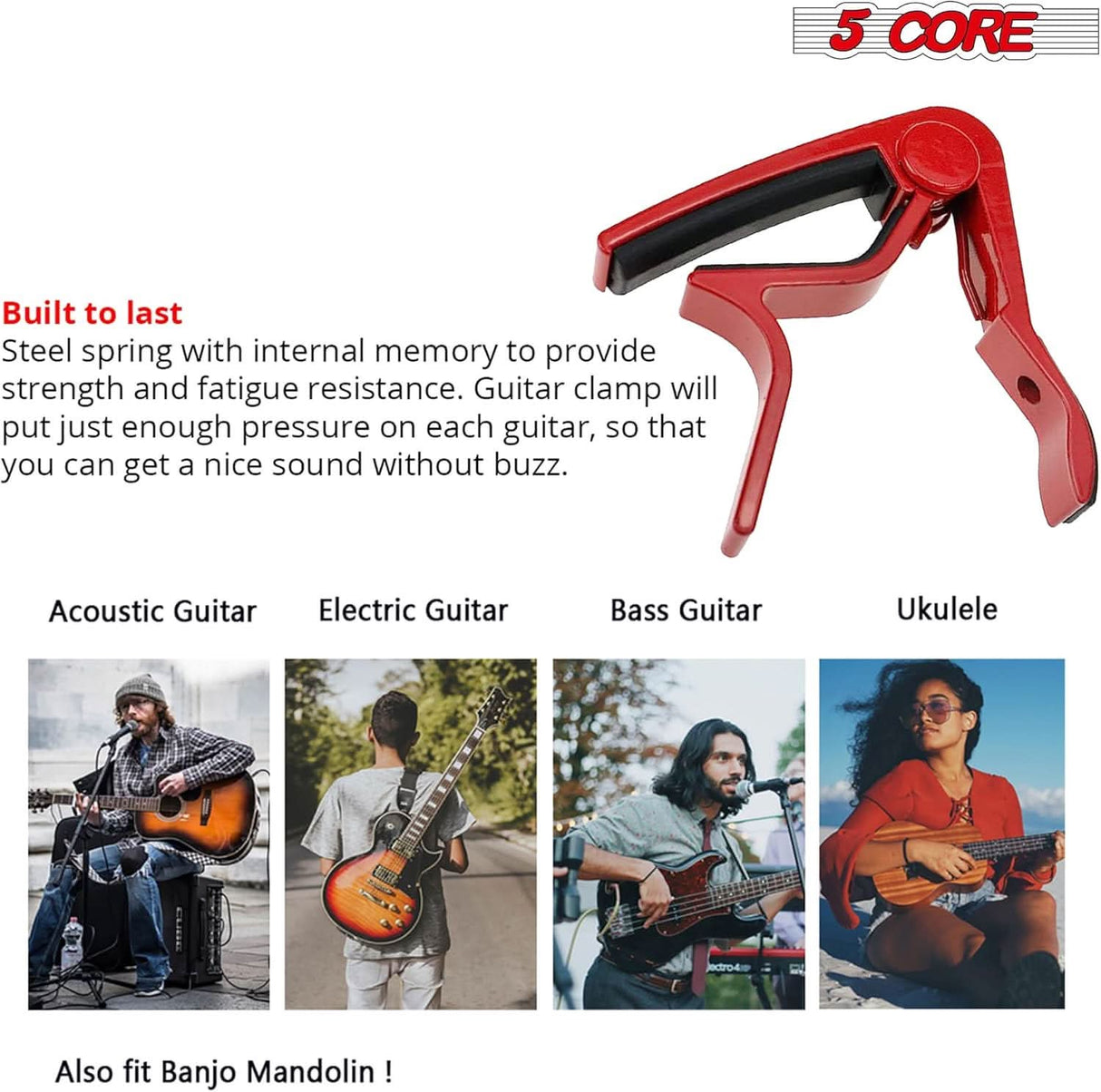 Close-up view of 5 core capo acoustic electric guitar 6 string kapo 2 pair quick and easy adjustment classic clip for banjo mandolin - 5Core branding