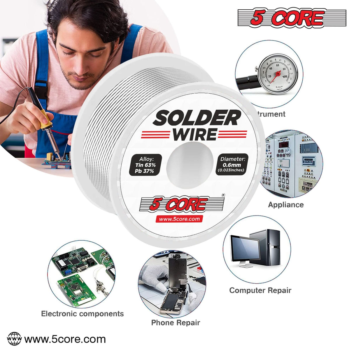 5Core solder wire for hobbyists, containing tin and lead for secure soldering