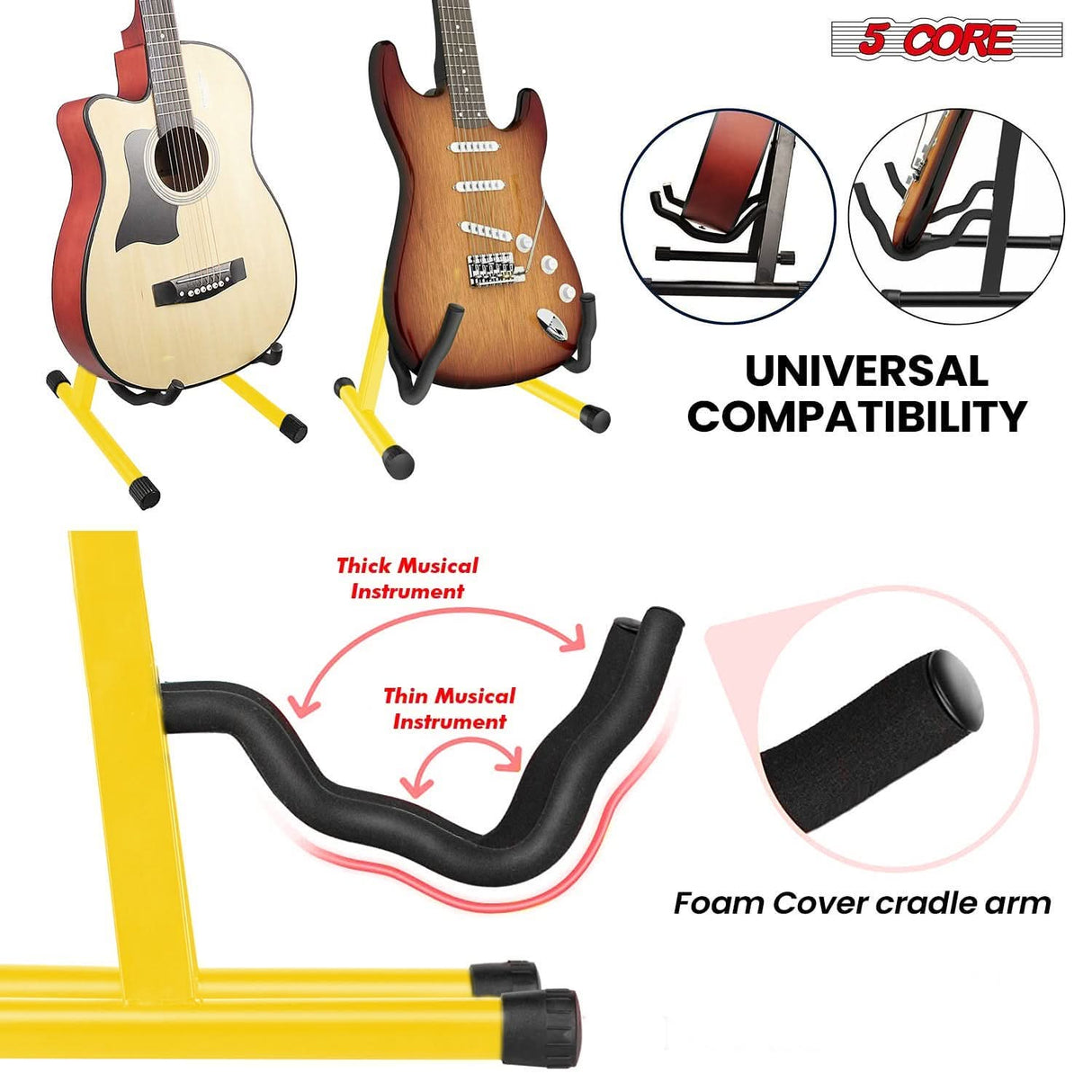 Compact 5Core yellow guitar stand ideal for home or studio setup