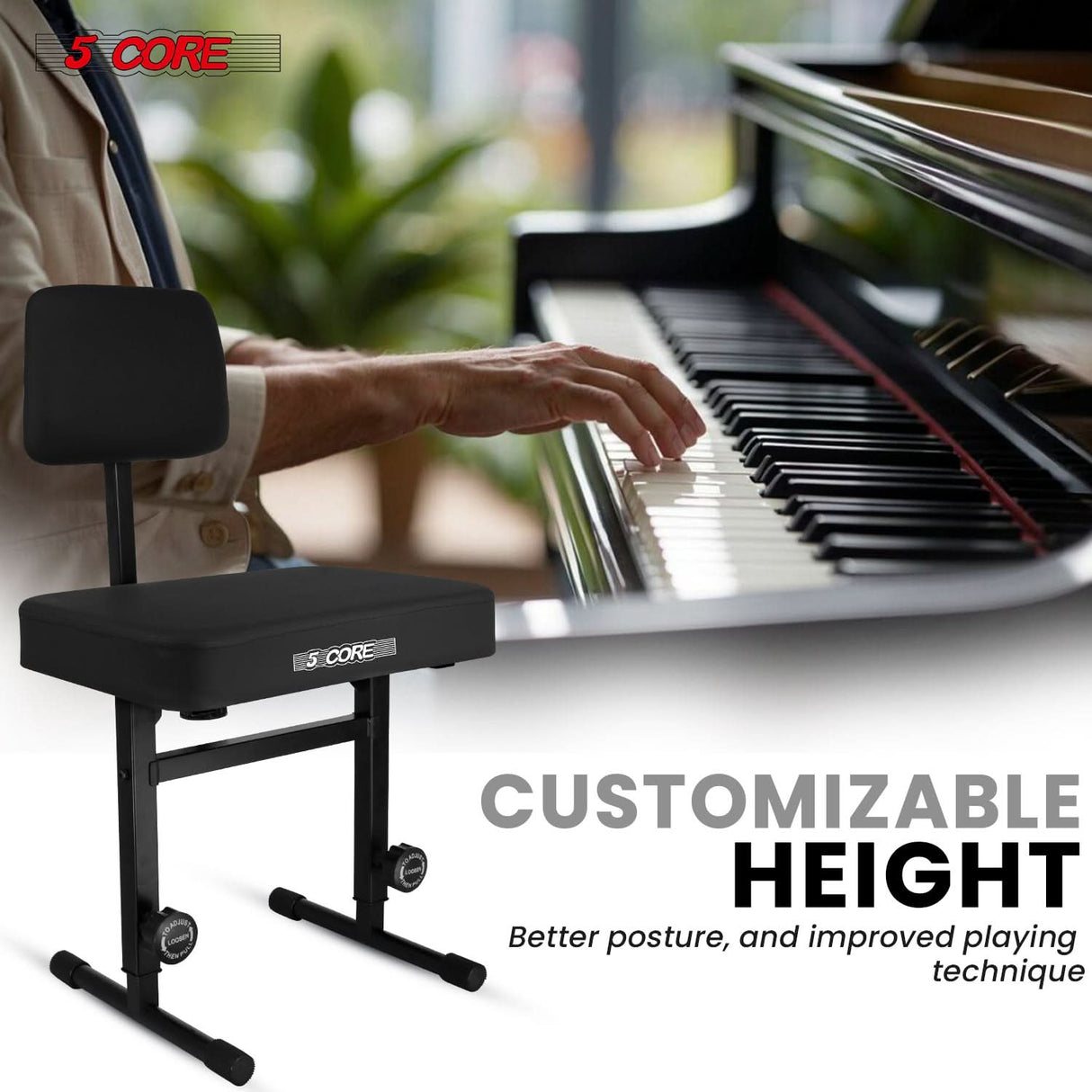 5 Core Piano Bench 3" Padded Cushioned Stool w Backrest Heavy Duty Musician Chair Height Adjustable