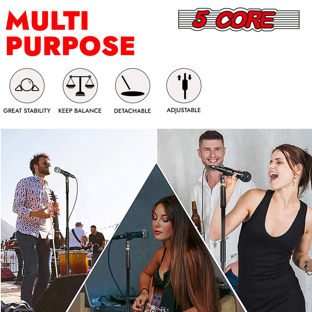 5 Core Mic Stand Pair Round Base Height Adjustable Universal Microphone Mount Stands