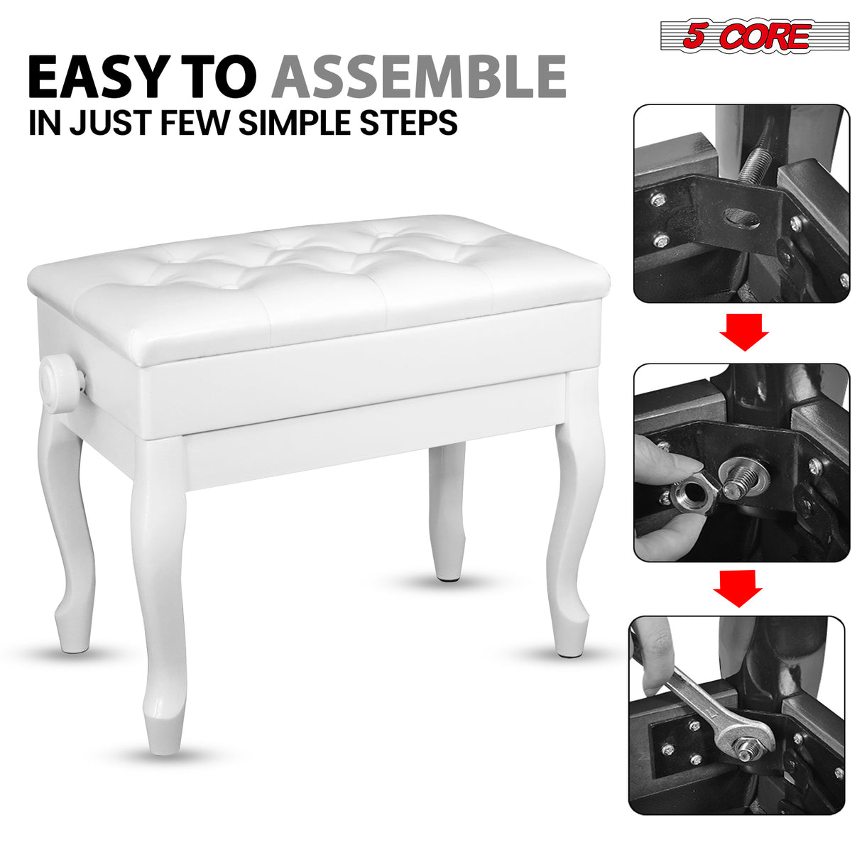 5 Core Piano Bench 3" Padded Cushioned Stool Wooden Heavy Duty Adjustable Musician Chair w Storage