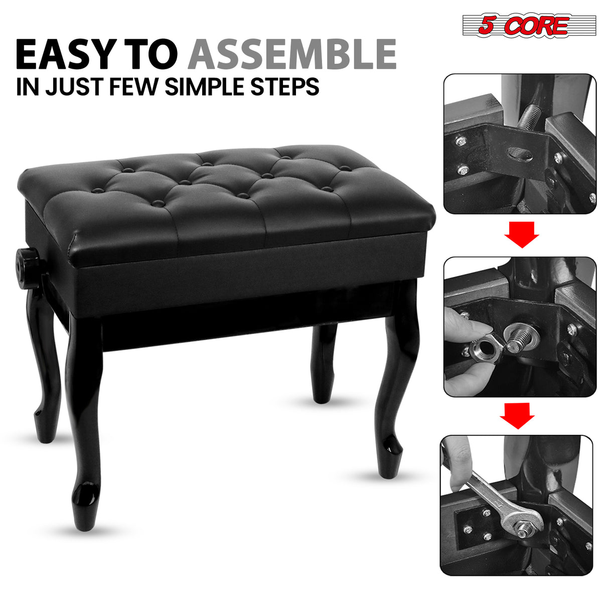 5 Core Piano Bench 3" Padded Cushioned Stool Wooden Heavy Duty Adjustable Musician Chair w Storage