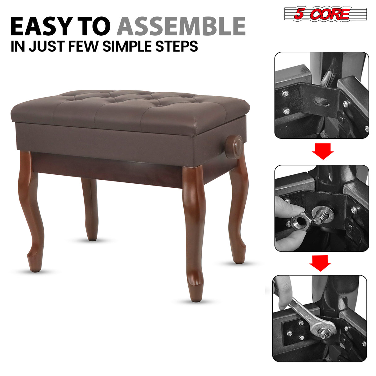 5 Core Piano Bench 3" Padded Cushioned Stool Wooden Heavy Duty Adjustable Musician Chair w Storage