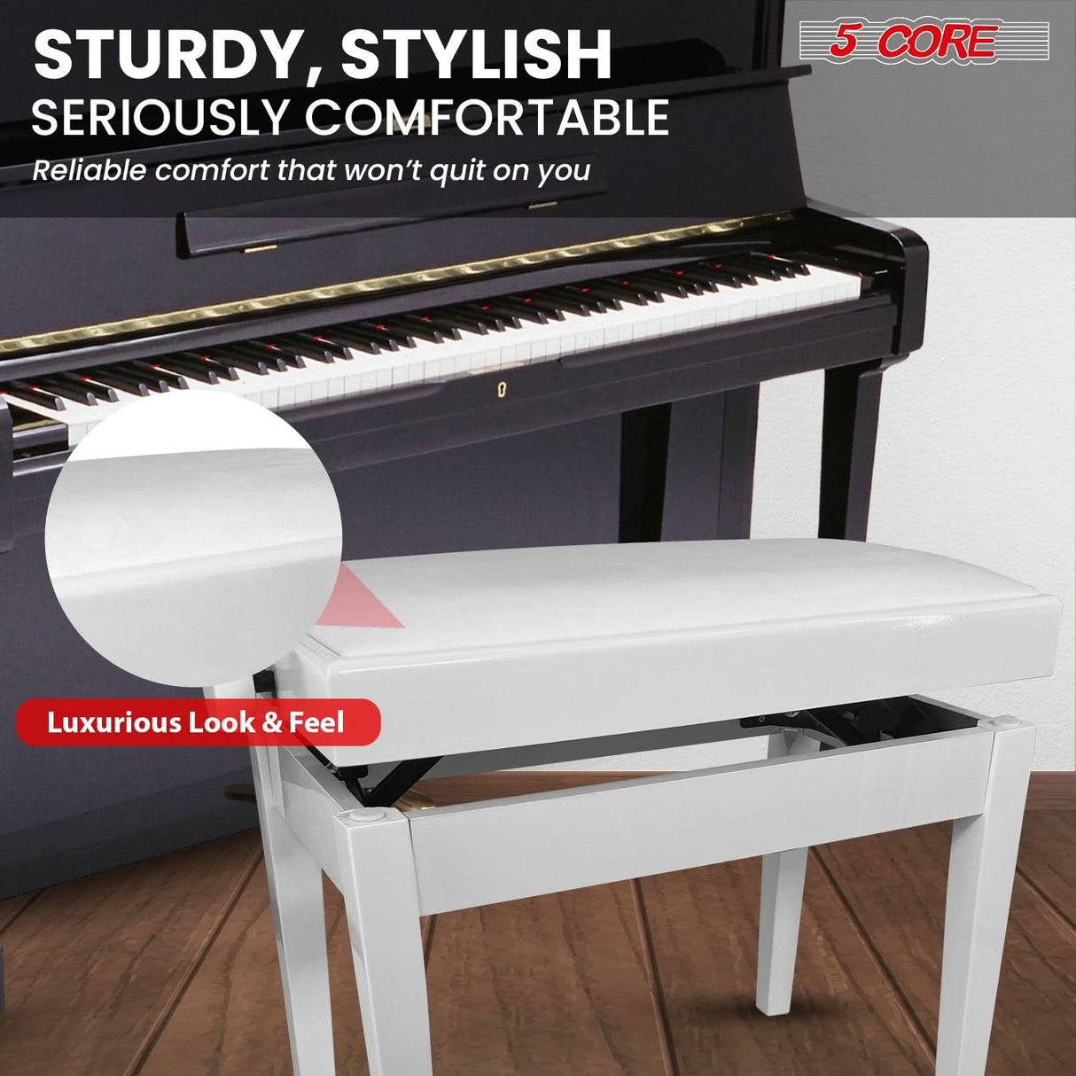 5 Core Adjustable Piano Bench Thick 3.25" Solid Wood Keyboard Stool Heavy Duty Musician Chair