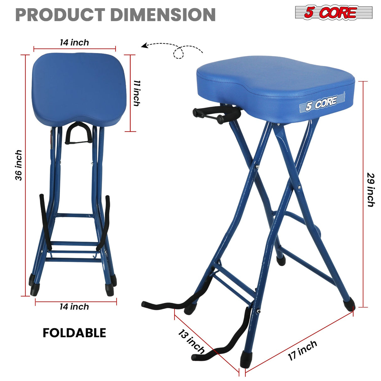 5 Core Guitar Stool 3.15" Padded Chair Foldable Music Seat w Built in Foot Rest Guitar Stand