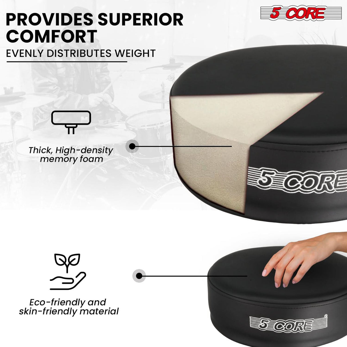 5 Core Drum Throne 4" Thick Padded Guitar Stool 400Lb Capacity Drummer Chair Swivel Adjustable