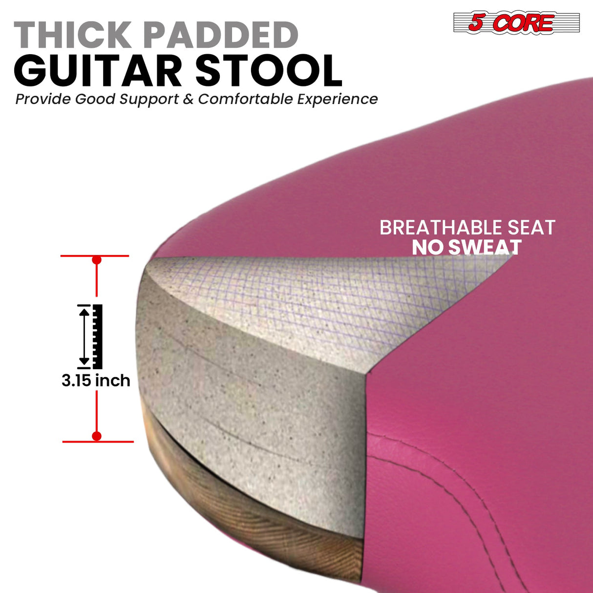 5Core Guitar Stool 3.15" Padded Chair w Backrest Foldable Music Seat Built in Foot Rest Guitar Stand