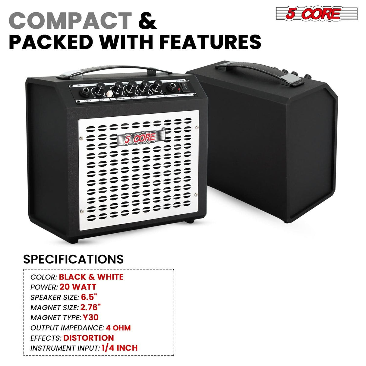5 Core Guitar Amp 20W Electric Portable Mini Amplifier w Built in 6.5" Speaker Aux Headphone Jack