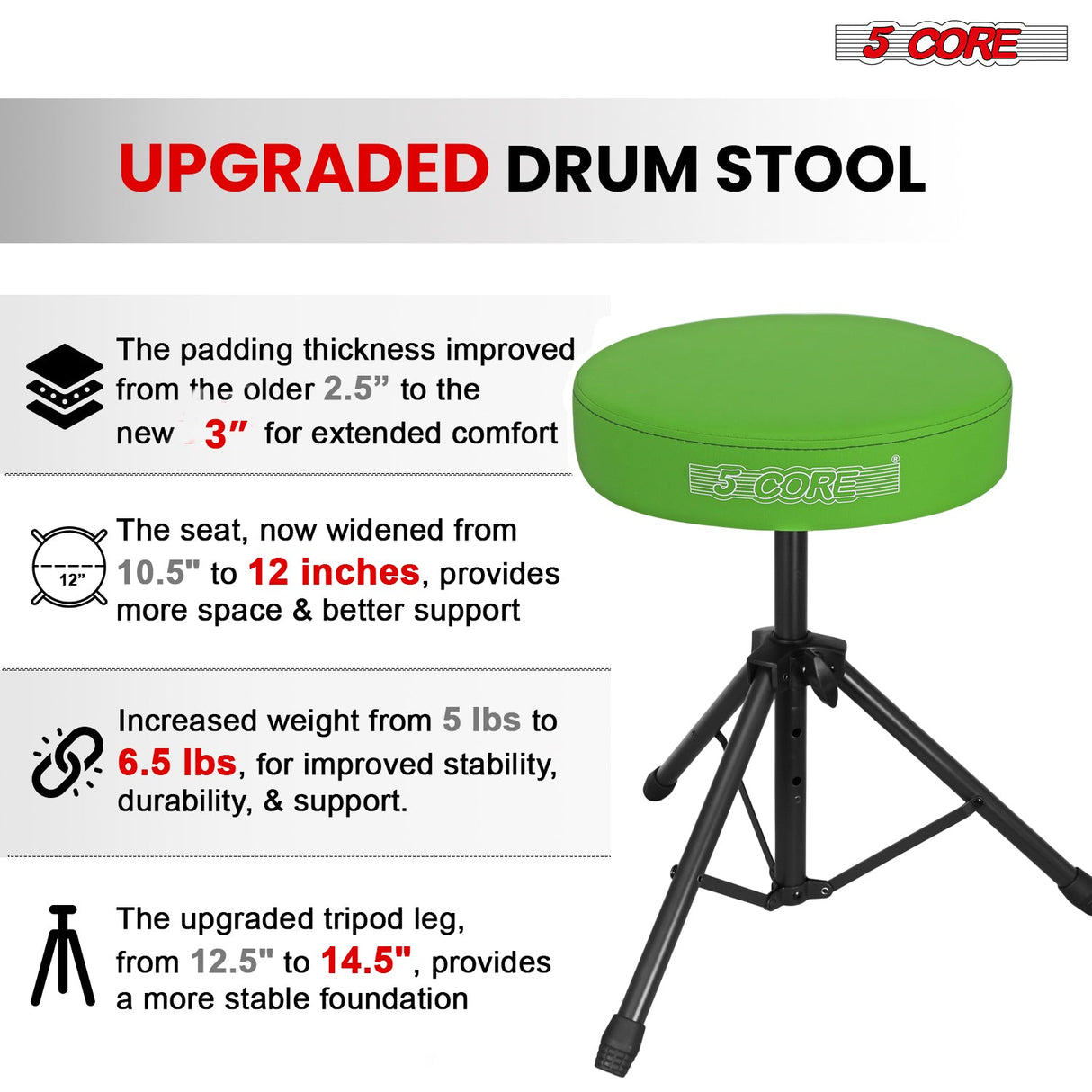 5 Core Drum Throne 3" Thick Padded Memory Foam Comfortable Drummer Stool 330Lb Capacity Adjustable