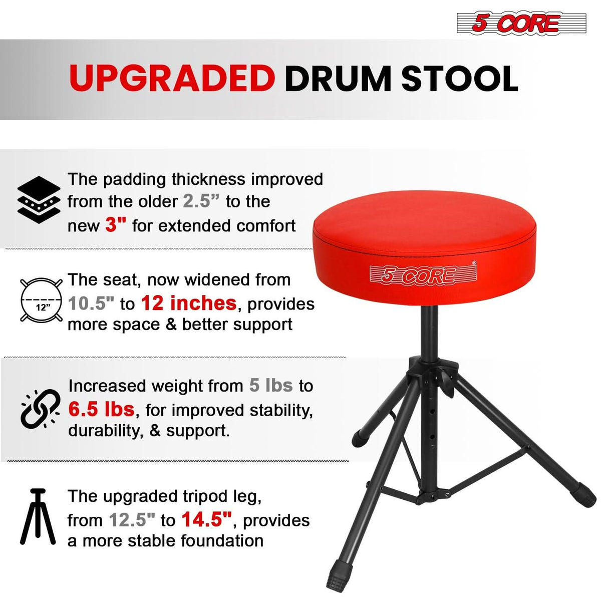 5 Core Drum Throne 3" Thick Padded Memory Foam Comfortable Drummer Stool 330Lb Capacity Adjustable