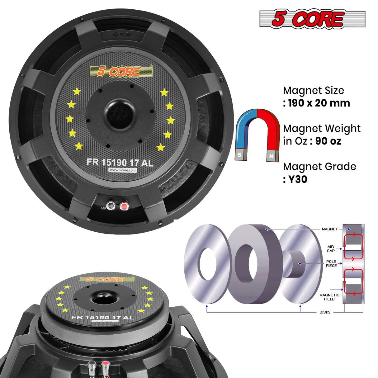 5 Core 15" Subwoofer Speaker 350W RMS Full Range PA DJ Audio Sub Woofer 8Ohm Bass Replacement Driver