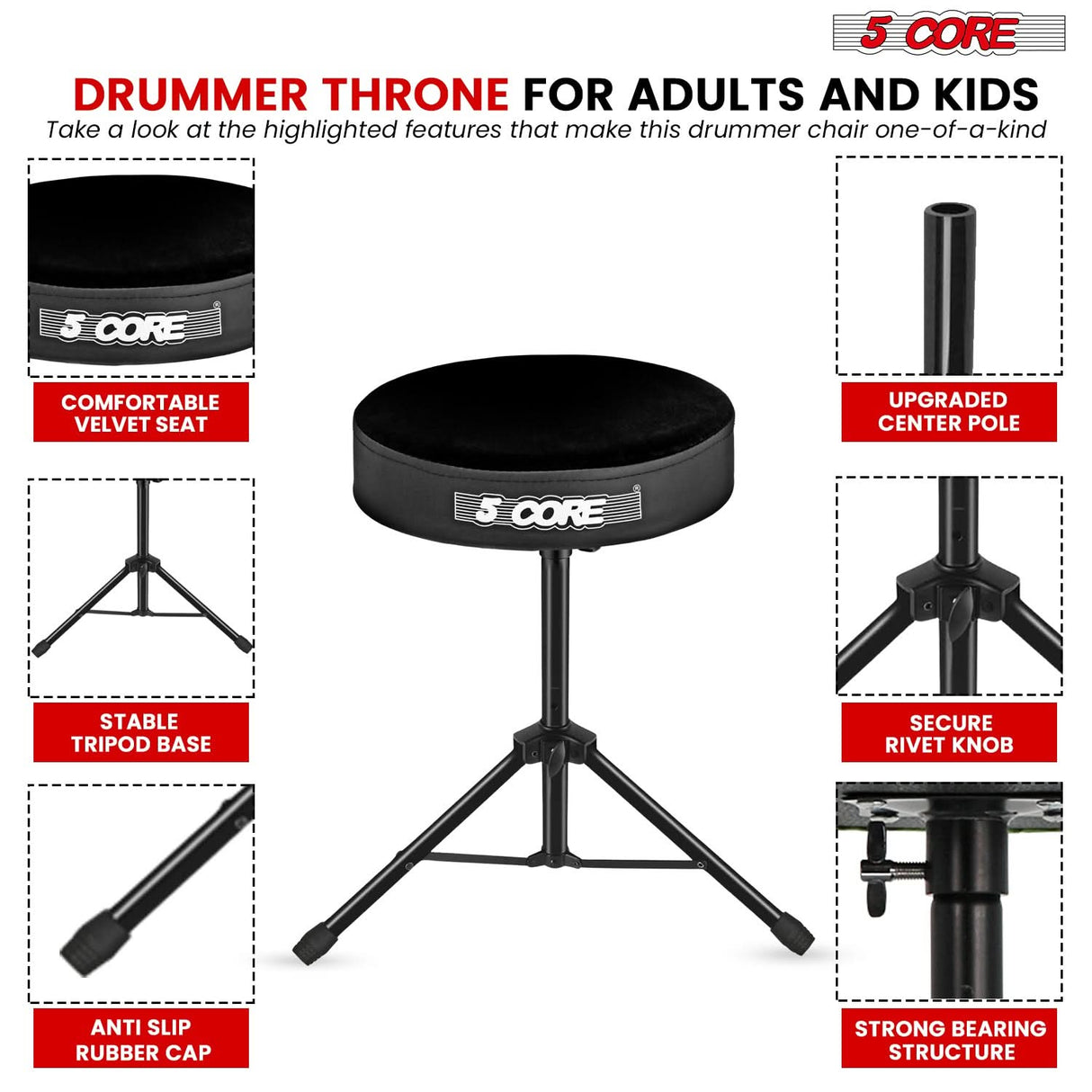 5 Core Drum Throne 3" Thick Padded Memory Foam Comfortable Drummer Stool 330Lb Capacity Adjustable