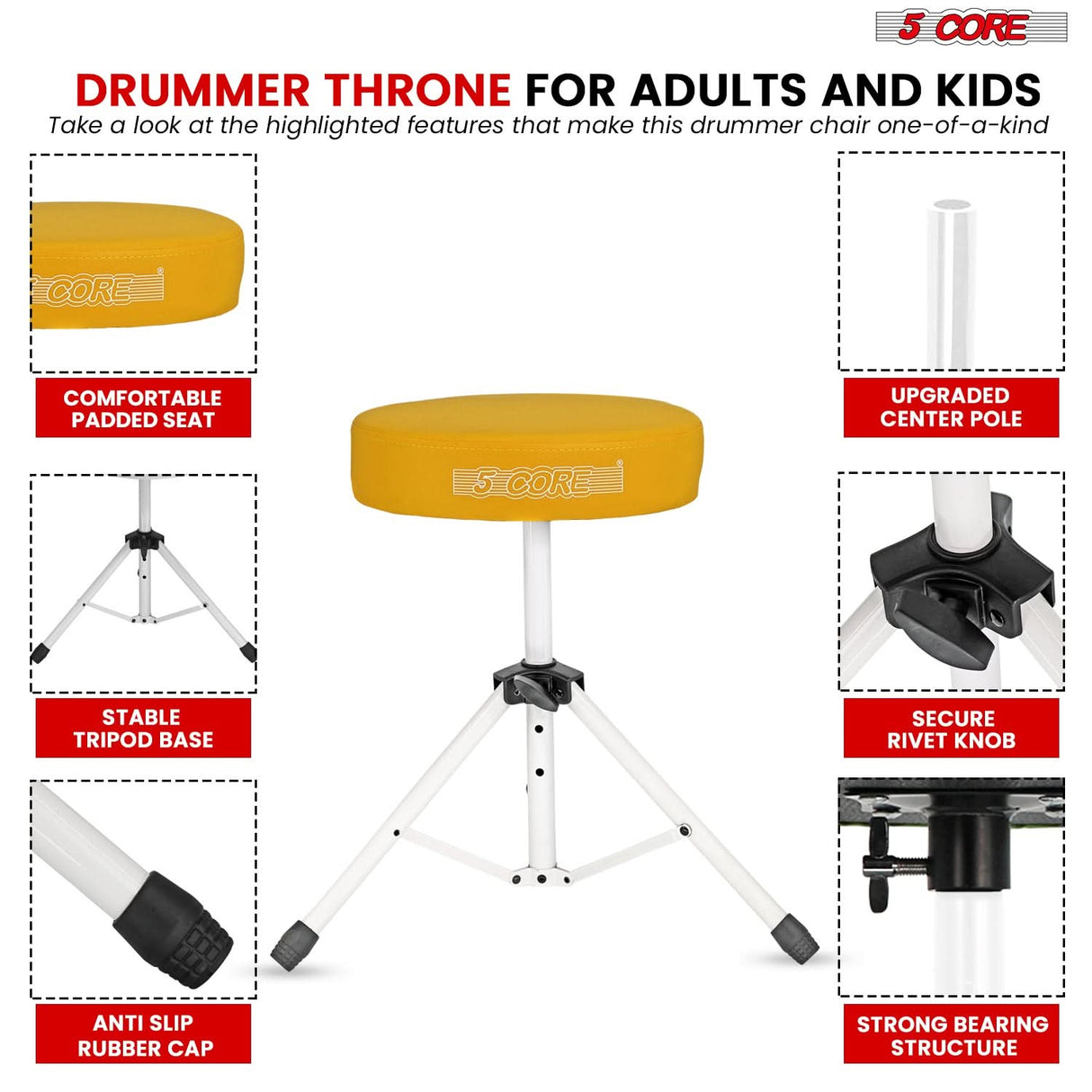 5 Core Drum Throne 3" Thick Padded Memory Foam Comfortable Drummer Stool 330Lb Capacity Adjustable