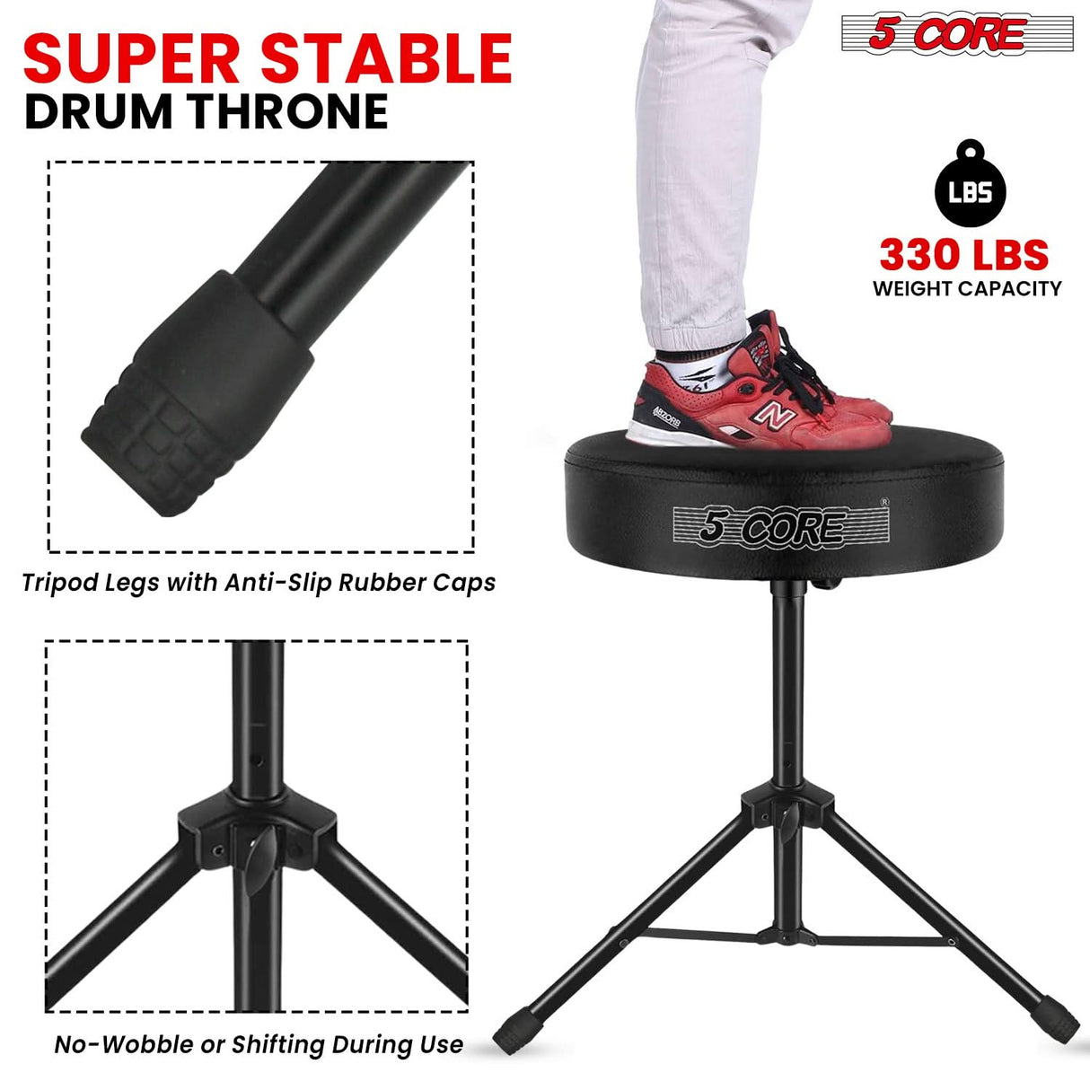 5 Core Drum Throne 3" Thick Padded Memory Foam Comfortable Drummer Stool 330Lb Capacity Adjustable