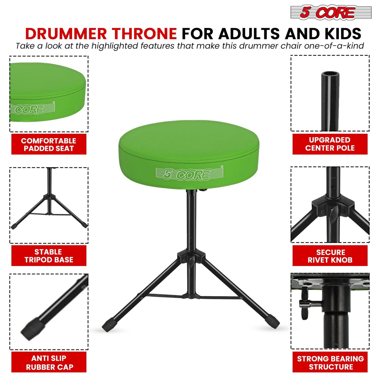 5 Core Drum Throne 3" Thick Padded Memory Foam Comfortable Drummer Stool 330Lb Capacity Adjustable