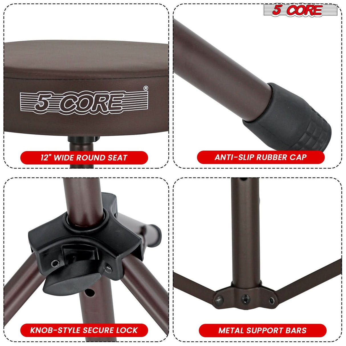 5 Core Drum Throne 3" Thick Padded Memory Foam Comfortable Drummer Stool 330Lb Capacity Adjustable