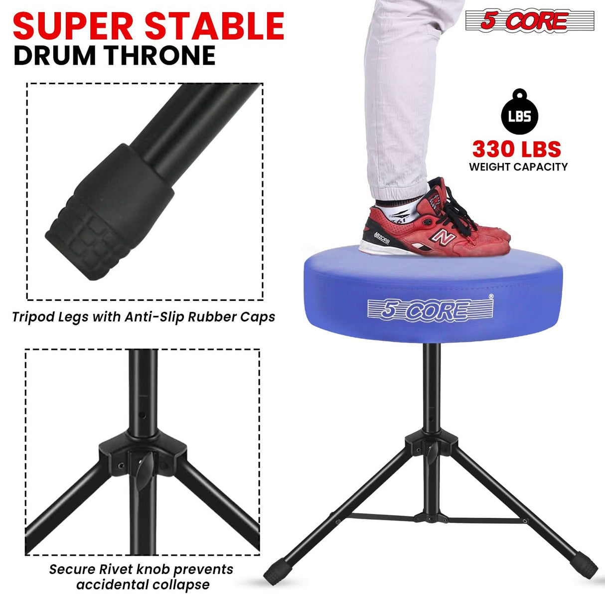 5 Core Drum Throne 3" Thick Padded Memory Foam Comfortable Drummer Stool 330Lb Capacity Adjustable