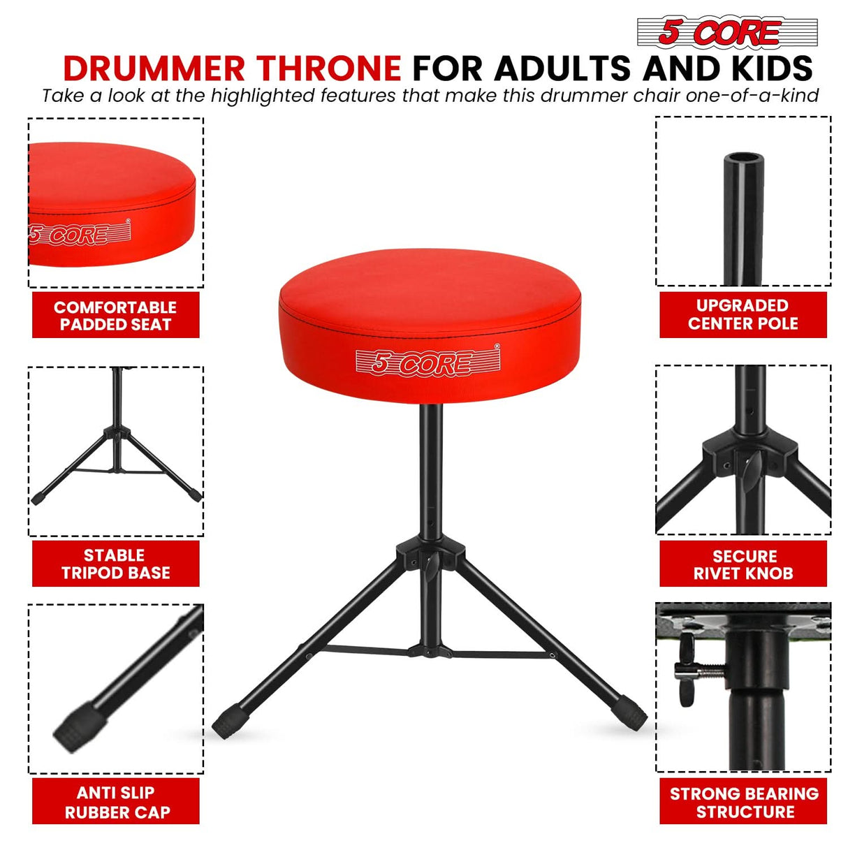 5 Core Drum Throne 3" Thick Padded Memory Foam Comfortable Drummer Stool 330Lb Capacity Adjustable
