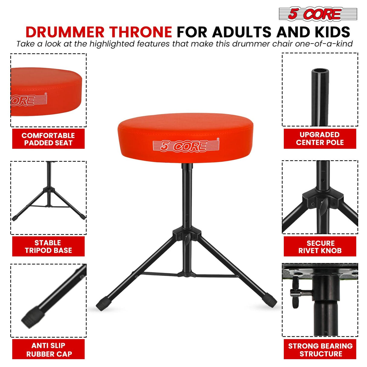 5 Core Drum Throne 3" Thick Padded Memory Foam Comfortable Drummer Stool 330Lb Capacity Adjustable