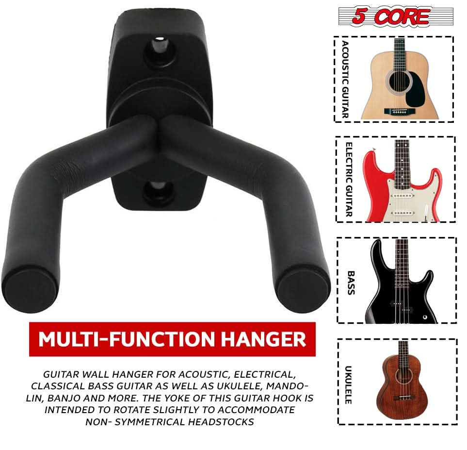 Display Wall Hook for Guitars - 5 Core Soft Padded Hangers with Screws
