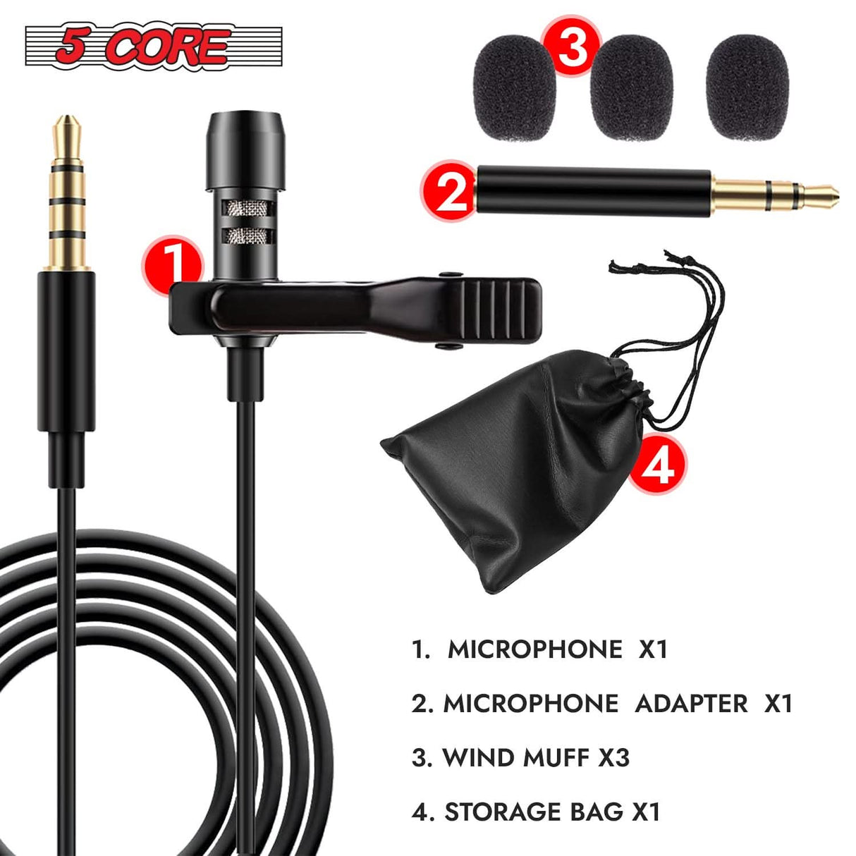 5Core omnidirectional clip-on lavalier mic, professional-grade 3.5mm lapel microphone
