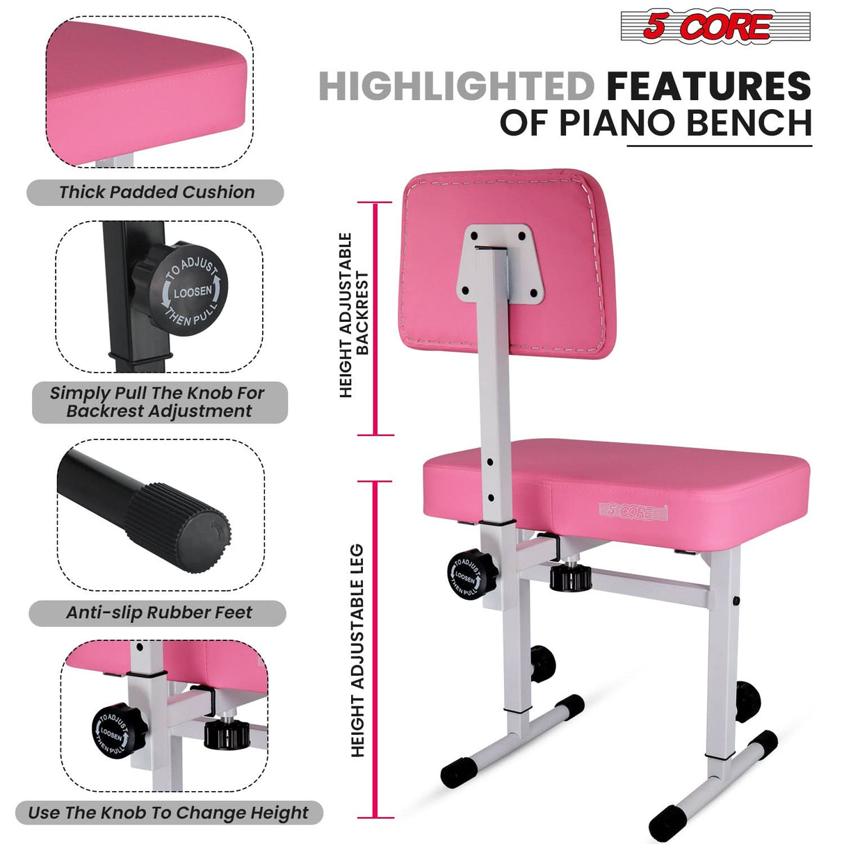 5 Core Piano Bench 3" Padded Cushioned Stool w Backrest Heavy Duty Musician Chair Height Adjustable