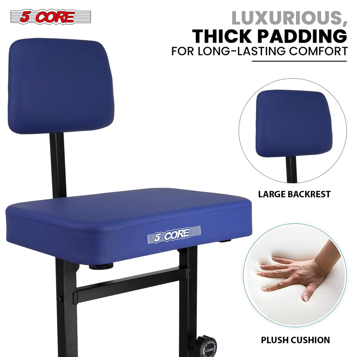 5 Core Piano Bench 3" Padded Cushioned Stool w Backrest Heavy Duty Musician Chair Height Adjustable