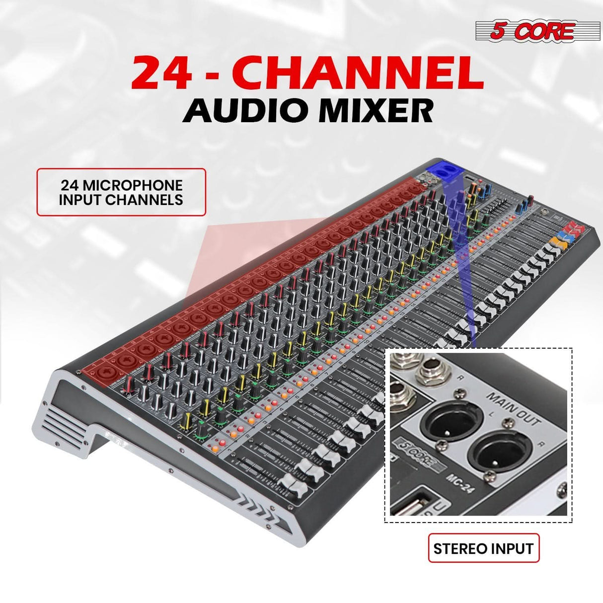 5Core 24-channel mixer board with USB, Bluetooth, PC recording, and PA analog audio interface