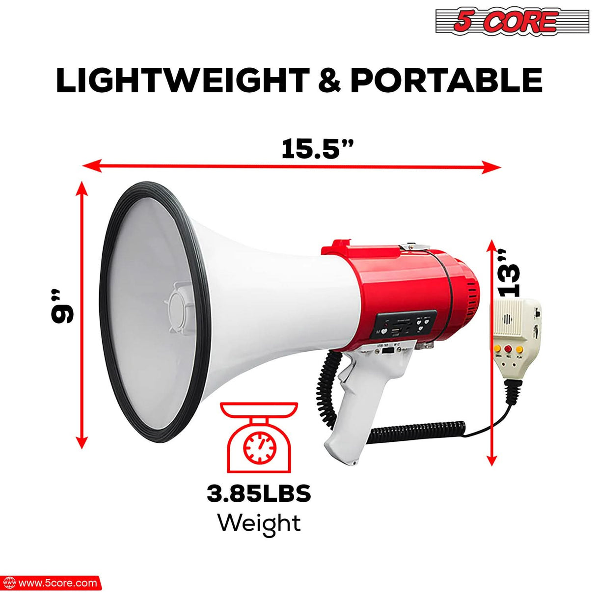 5 Core Megaphone 60W Bull Horn Professional PA Speaker w 1200 Yards Range Loud Siren Voice Amp