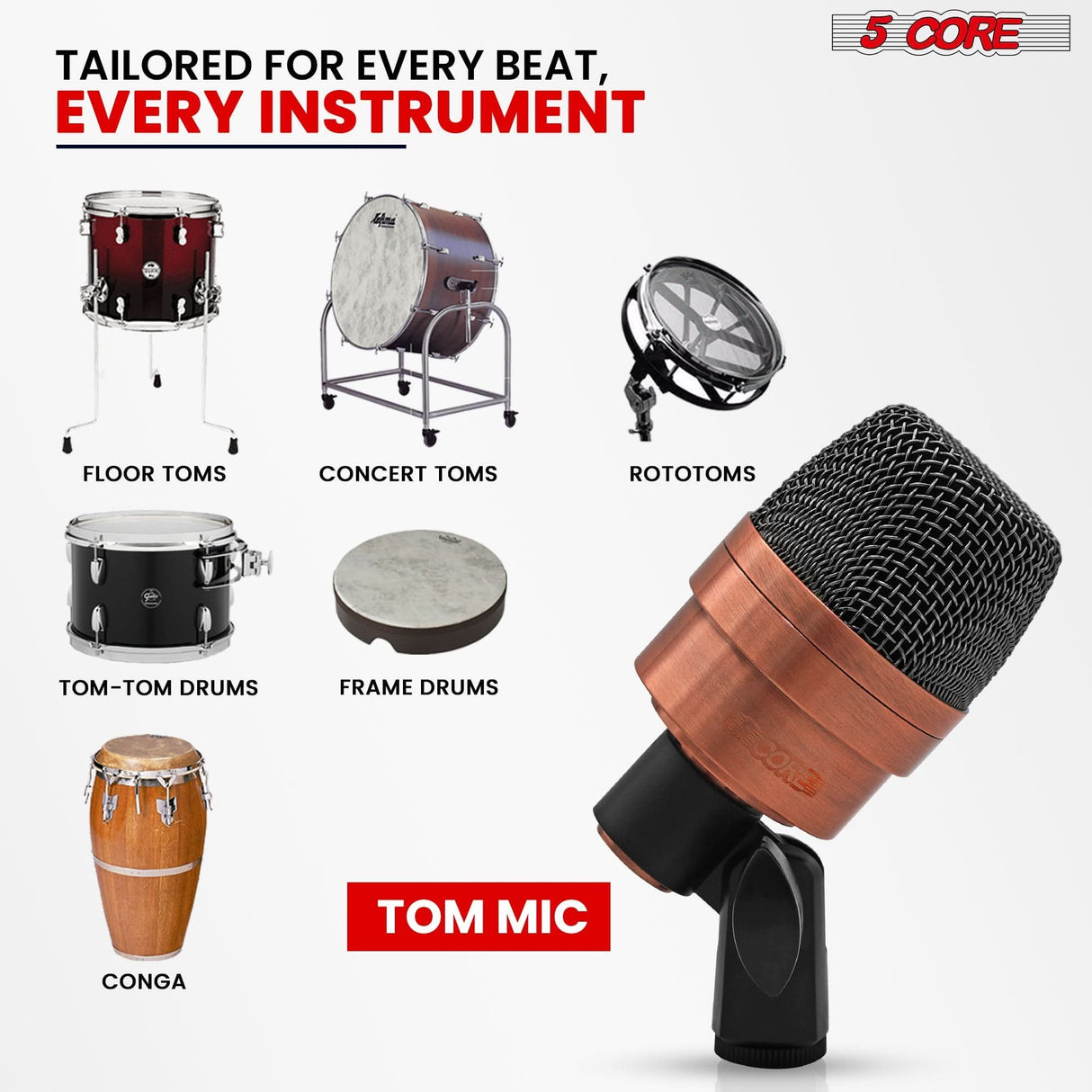 Sturdy 5Core dynamic drum mic in copper finish for performance setup