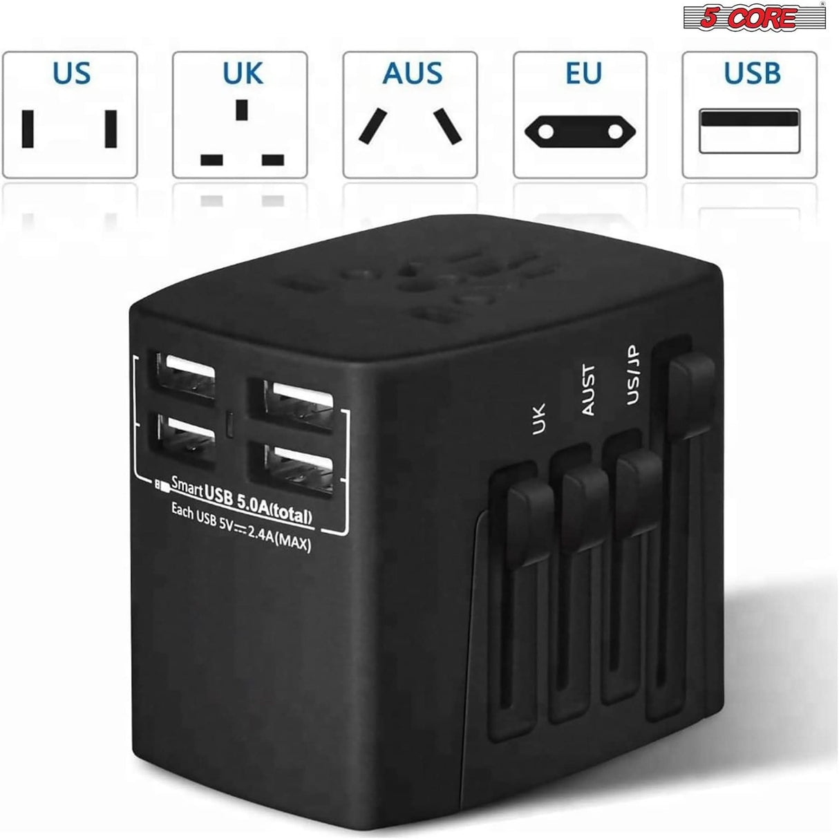 Worldwide power adapter with built-in USB ports