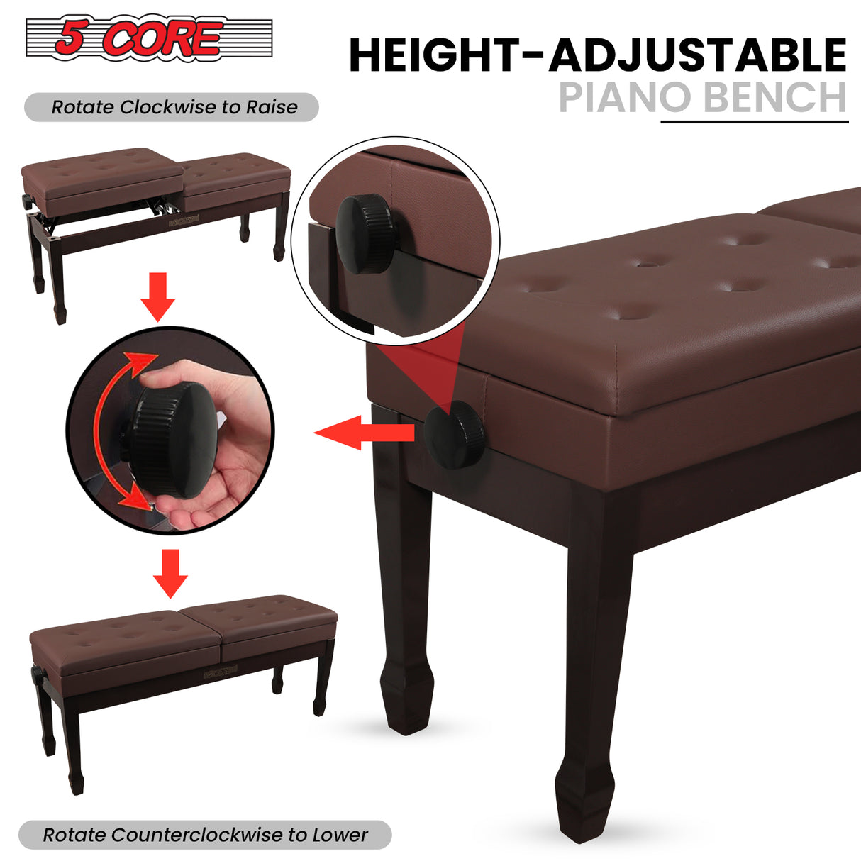 5 Core Duet Piano Bench 3.5 Inch Padded Cushioned Stool Wooden Heavy Duty Musician Chair w Storage