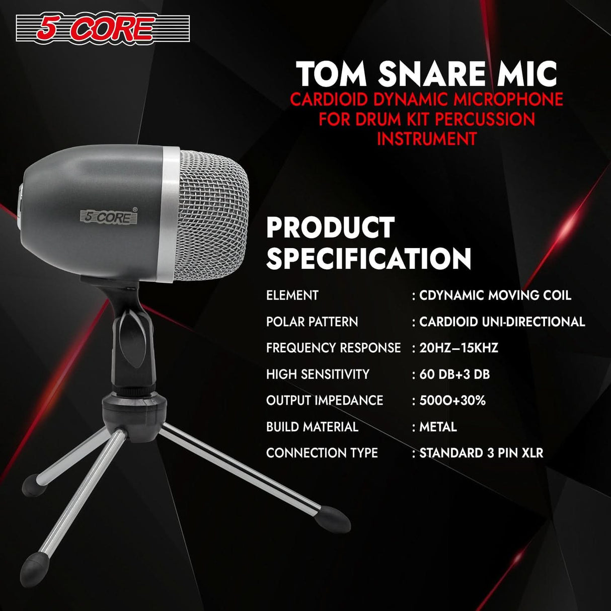 Grey 5Core mic for tom and snare drums with noise rejection design