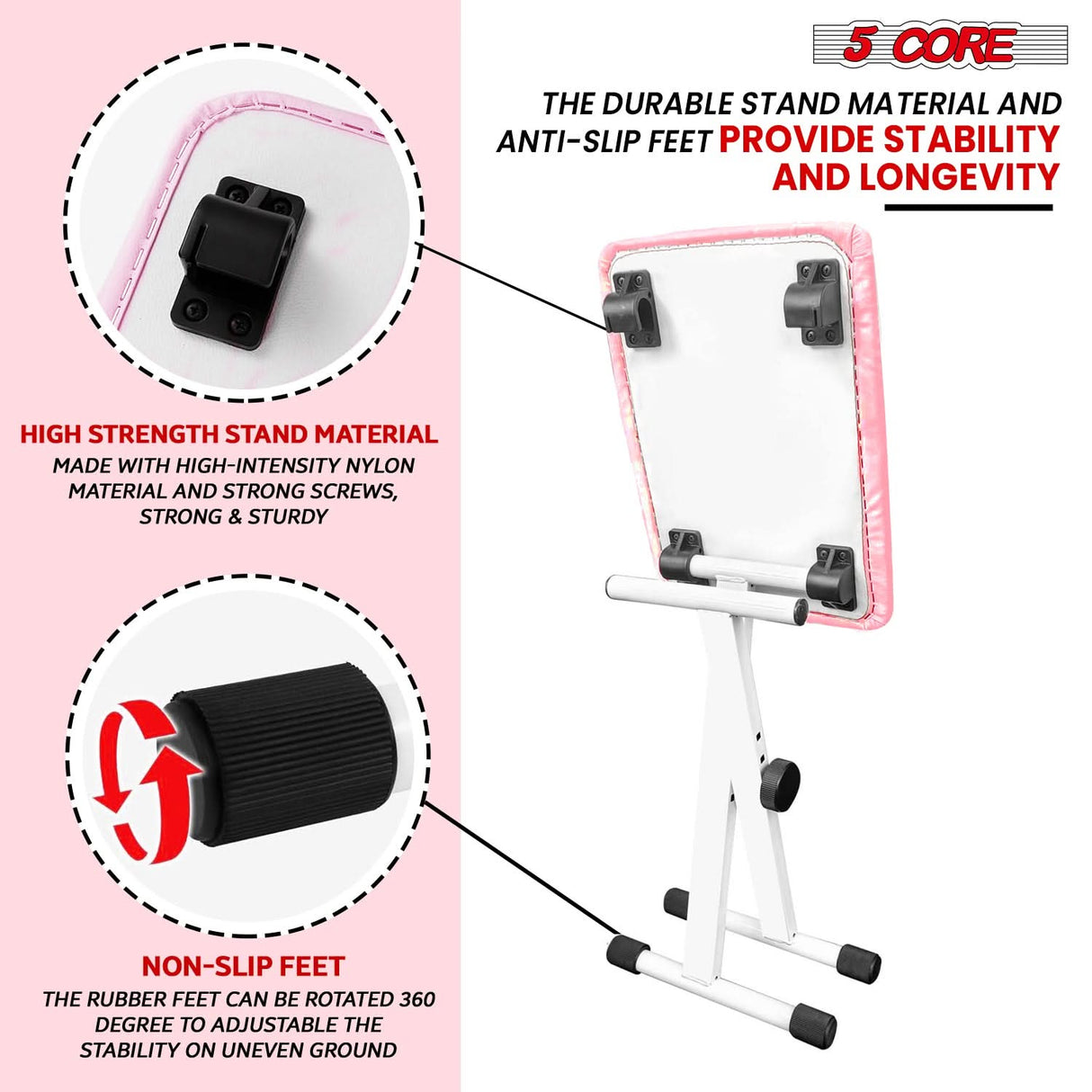 5 Core keyboard bench padded piano stool height range view