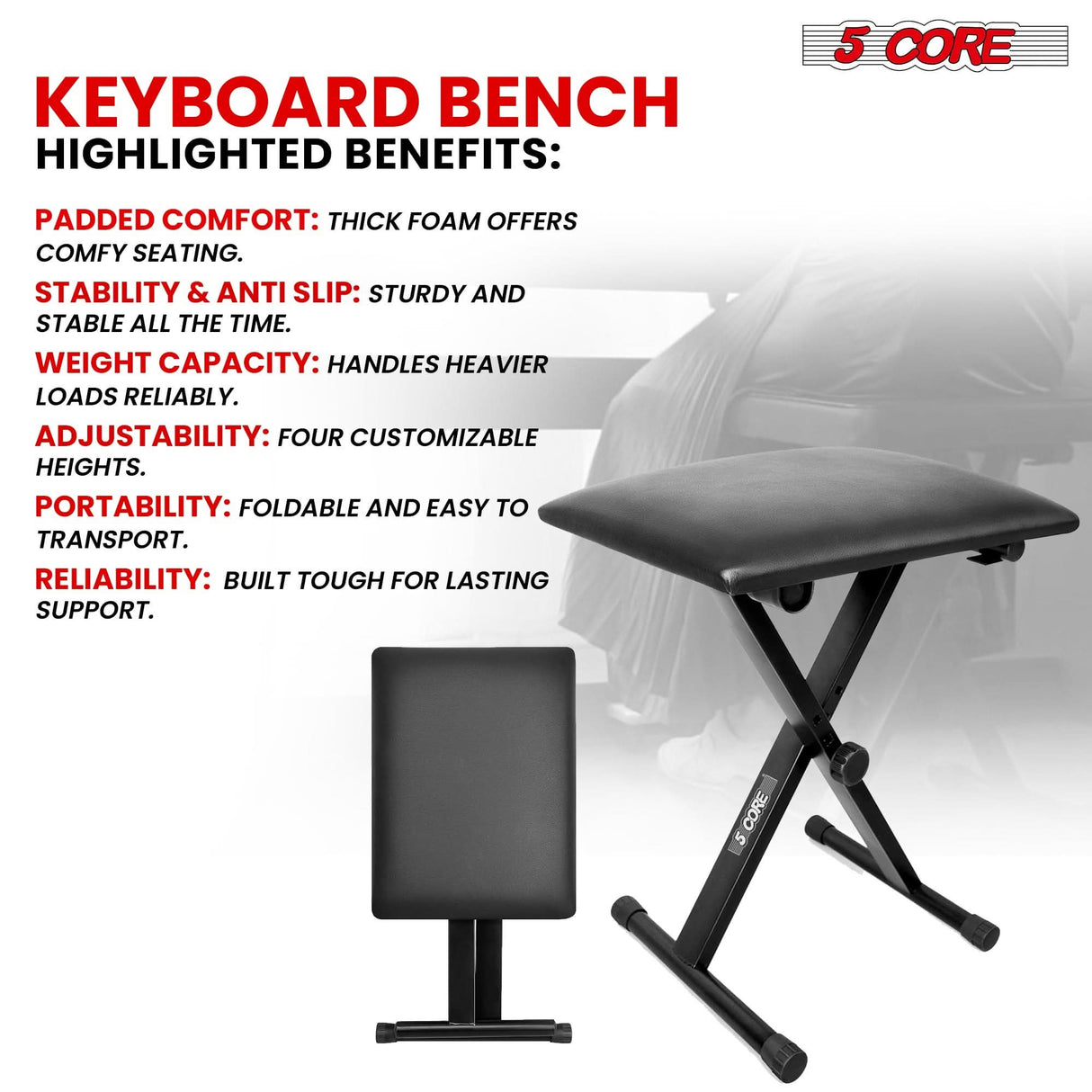 5 Core Keyboard Bench 2 Inch Padded Cushioned Piano Stool Height Adjustable 19" Guitar Seat Portable