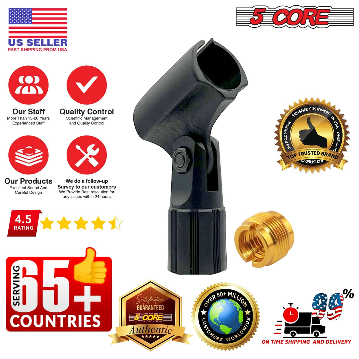 5Core 4-pack microphone clip holders with 5/8 to 3/8 inch screw adapters for professional use