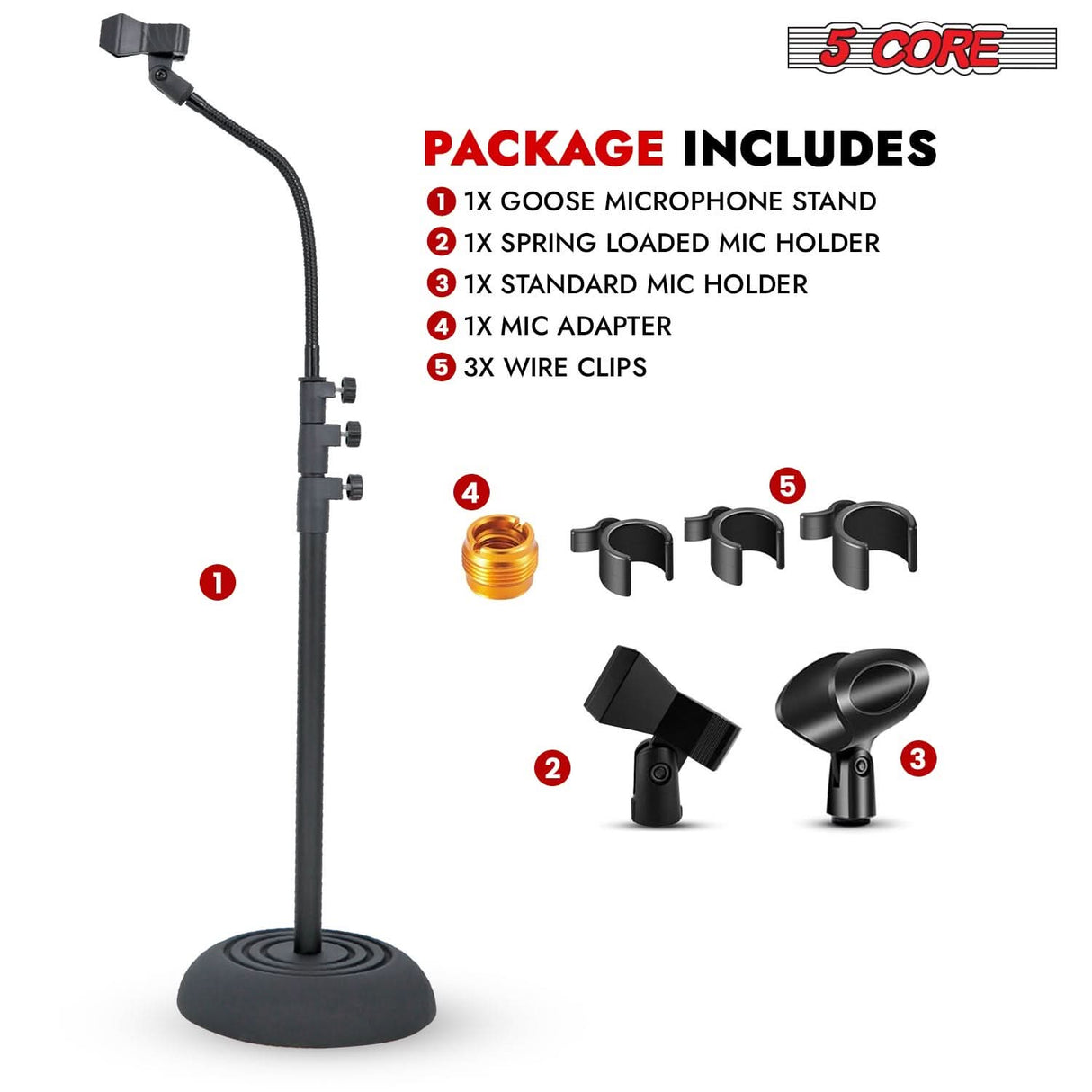 5Core Mic Stand Pair Floor Adjustable Universal Heavy Duty Gooseneck Microphone Stands Round Base Soporte De micrófono