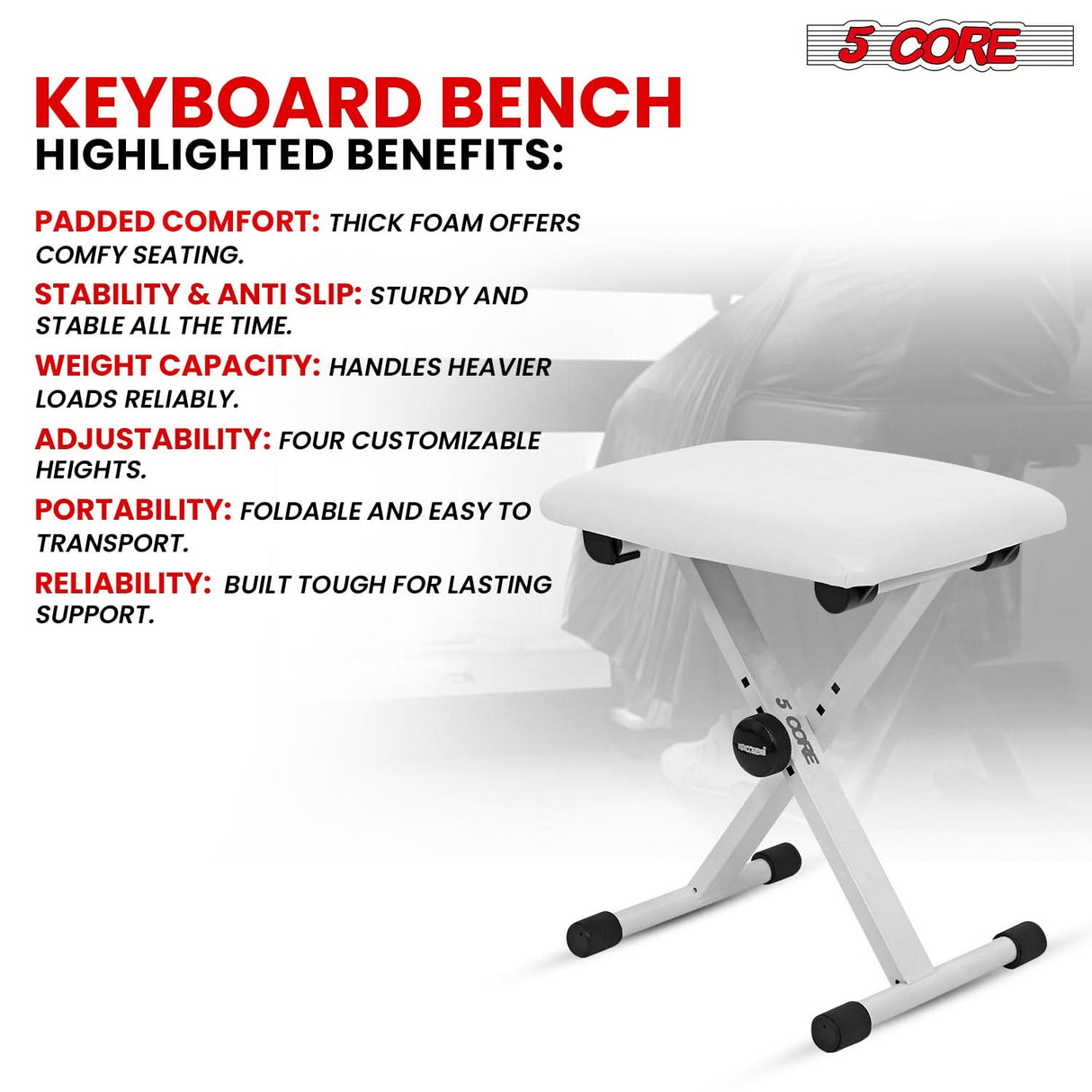 5 Core padded piano stool durable build detail close-up