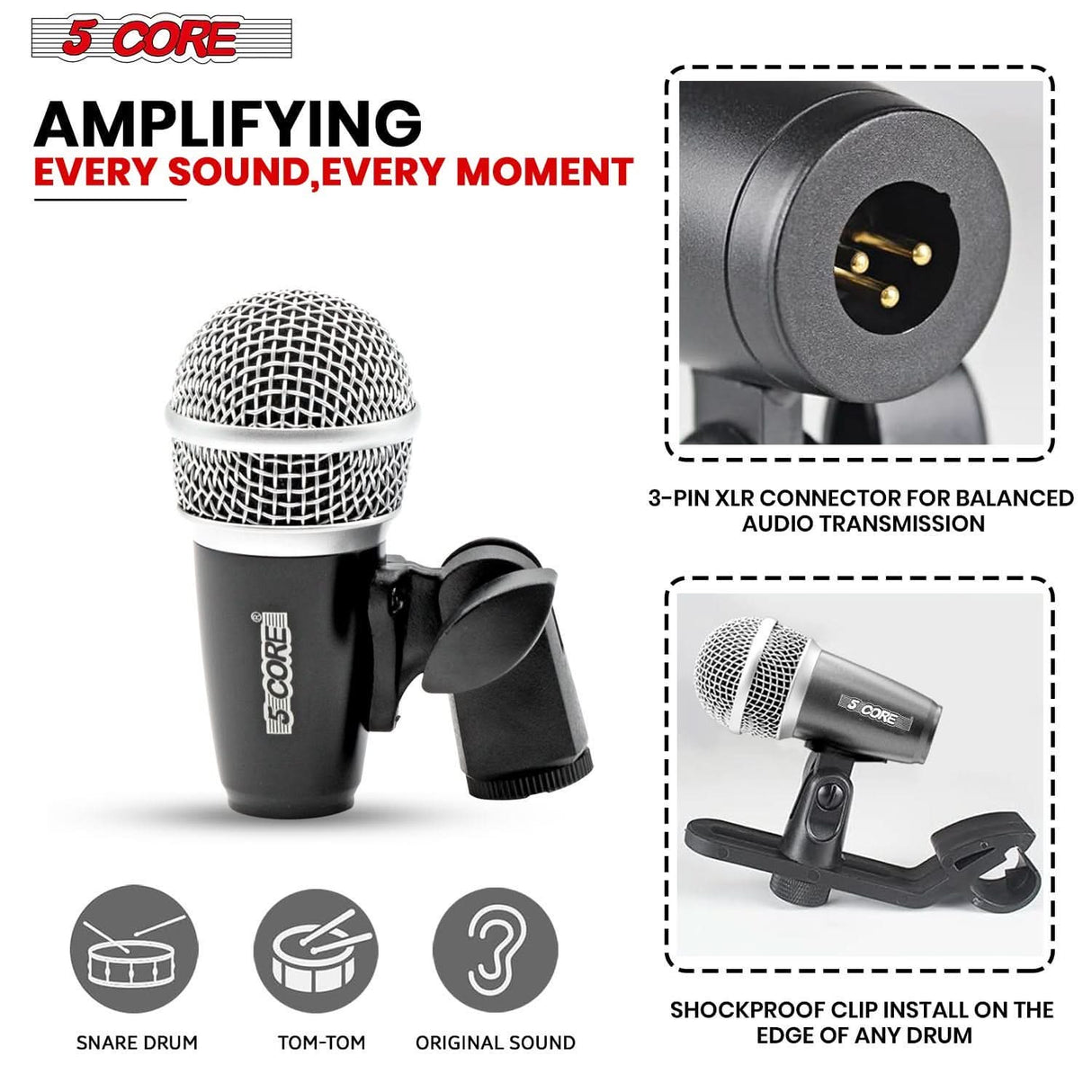 Professional 5Core condenser microphone for snare and tom drums in black