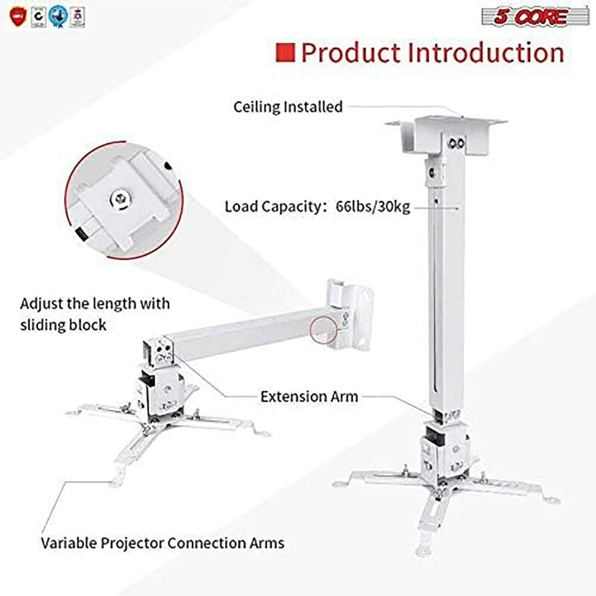 5Core adjustable projector mount ceiling wall universal holder white with 40lb capacity