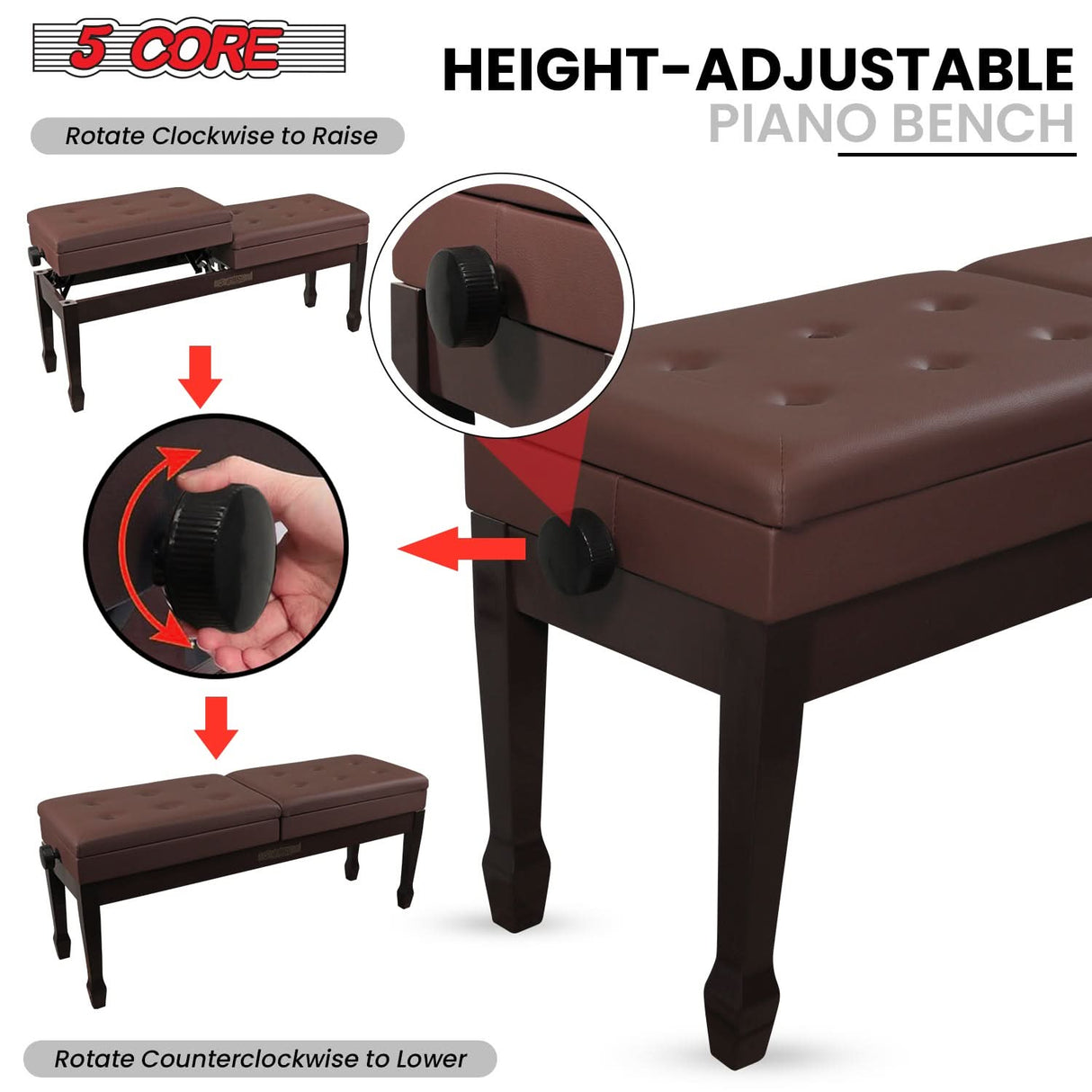 5 Core Duet Piano Bench 3.5 Inch Padded Cushioned Stool Wooden Heavy Duty Musician Chair w Storage