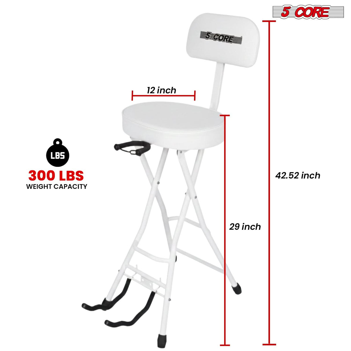 5Core Guitar Stool 3.15" Padded Chair w Backrest Foldable Music Seat Built in Foot Rest Guitar Stand