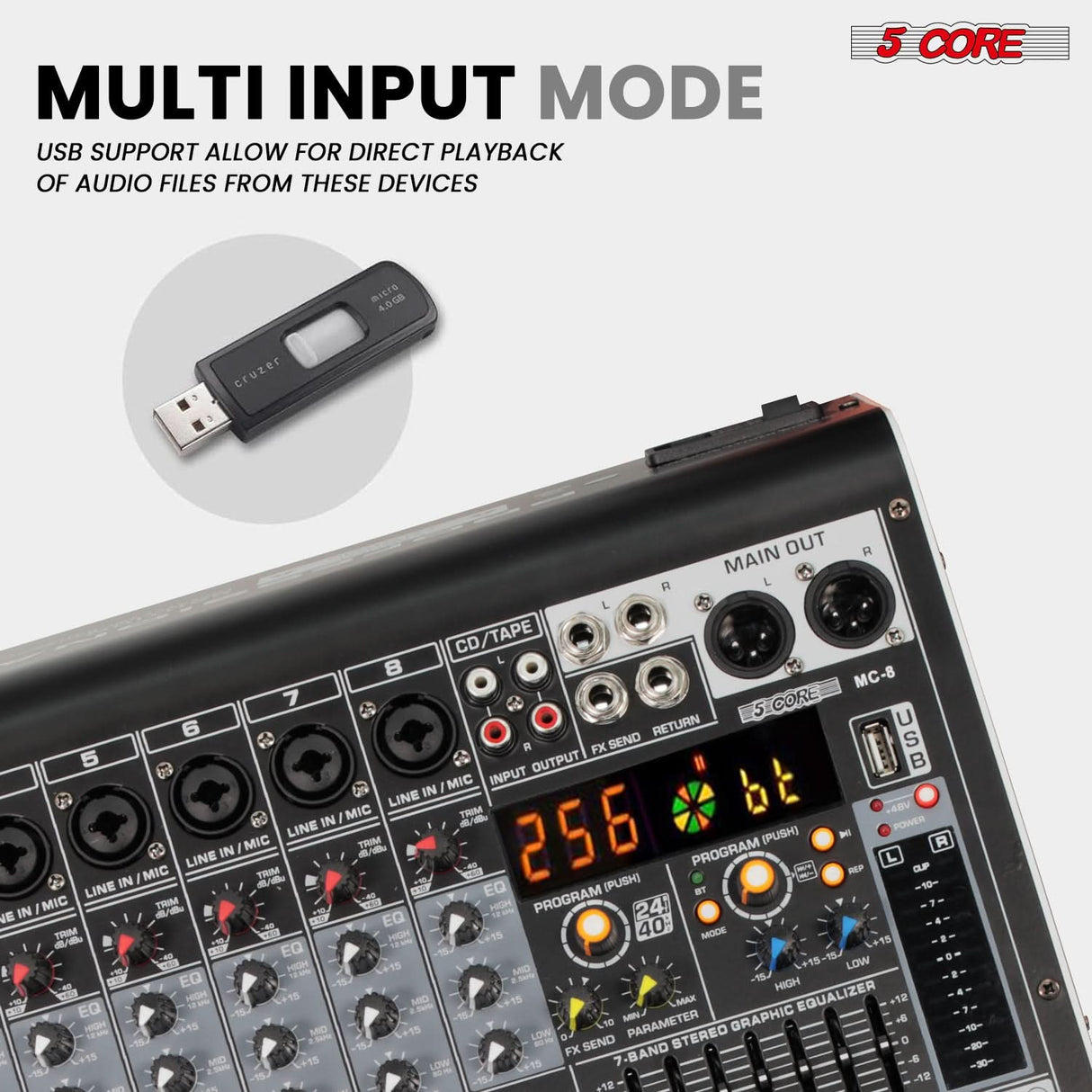 5 Core Audio Mixer 8 Channel DJ Soundboard USB Interface Bluetooth Mixing Console w 99 DSP Effect