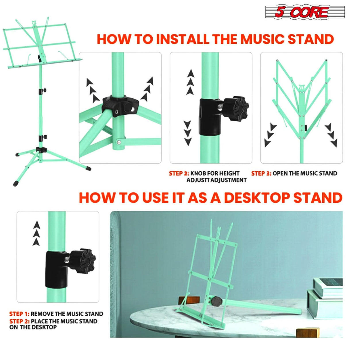 5 Core Music Stand Adjustable Desktop Book Stands Portable Sheet Holder All Metal Foldable Bookstand