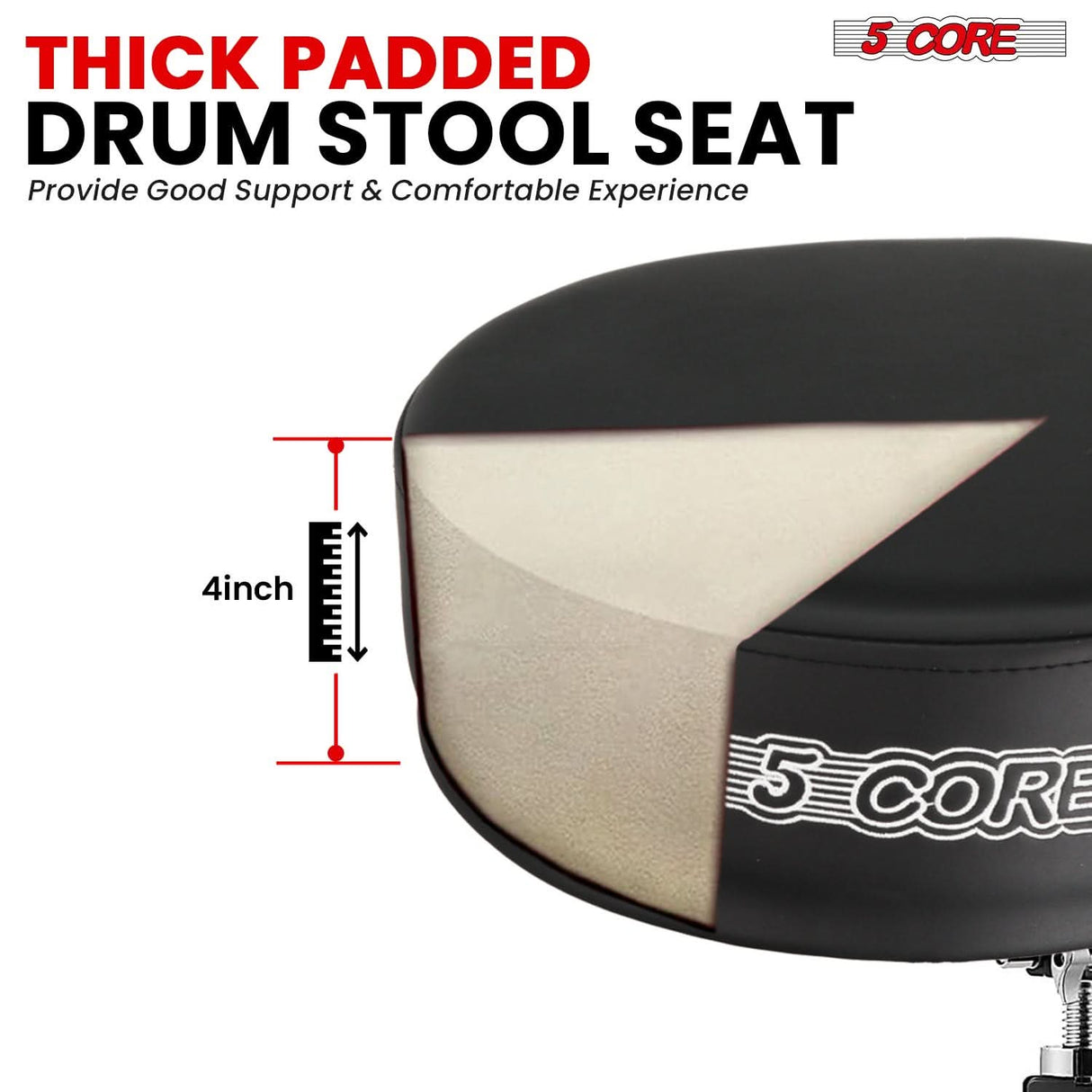 5Core black padded drum throne, adjustable guitar stool, for adults & kids, drummer seat