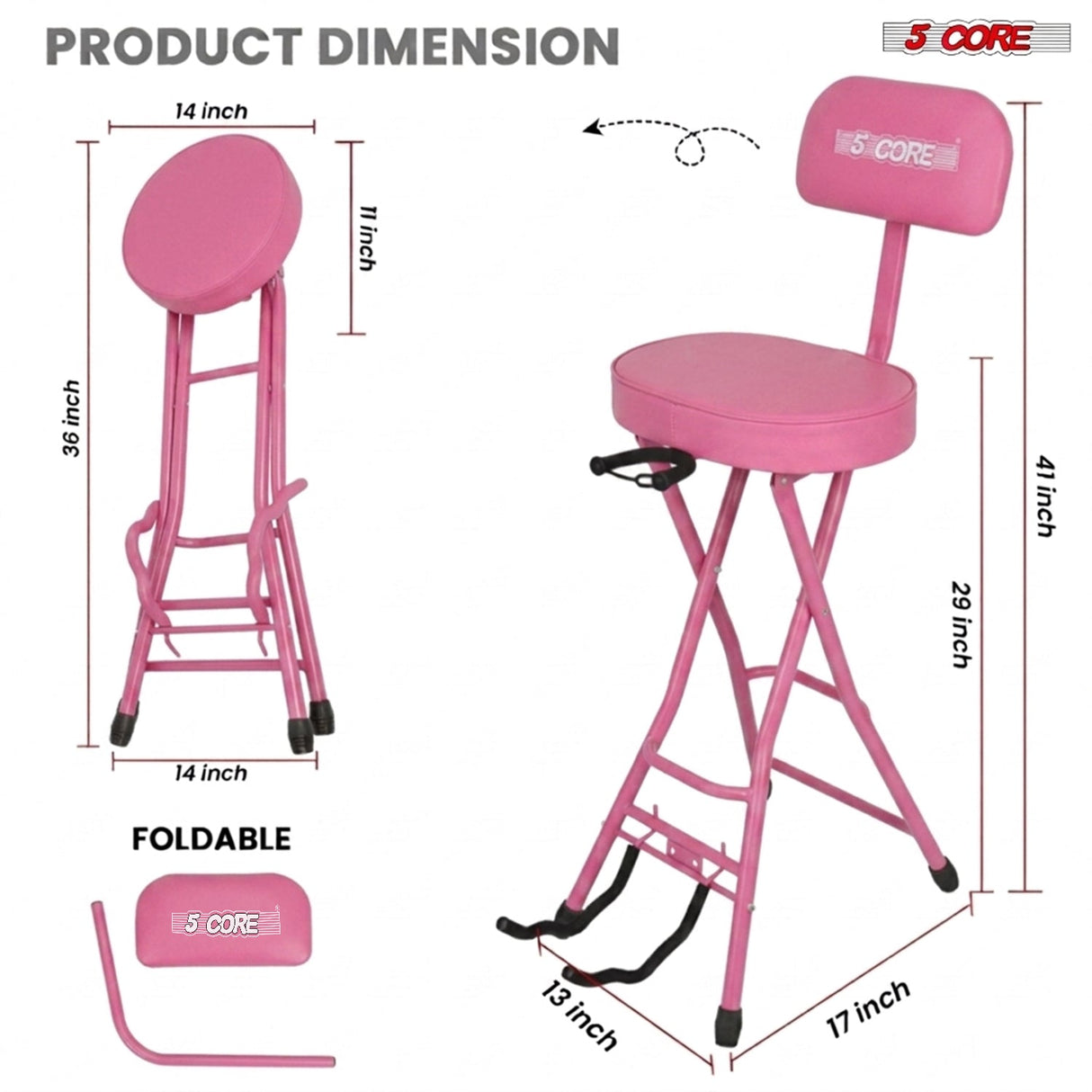 5Core Guitar Stool 3.15" Padded Chair w Backrest Foldable Music Seat Built in Foot Rest Guitar Stand