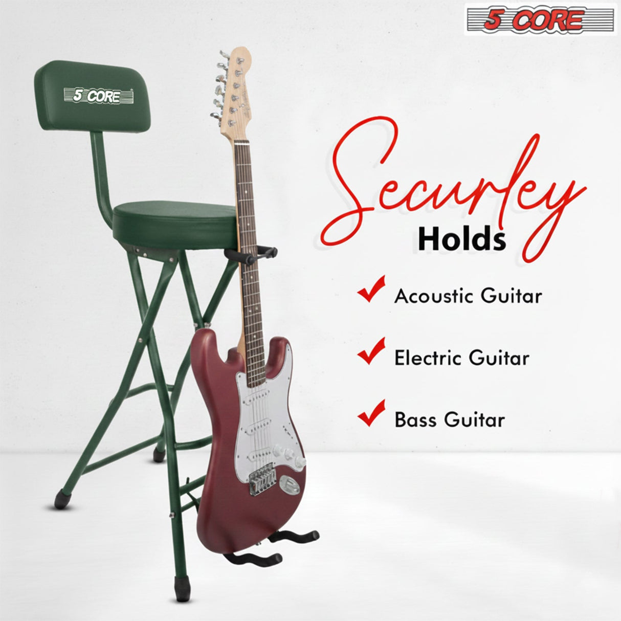 5Core Guitar Stool 3.15" Padded Chair w Backrest Foldable Music Seat Built in Foot Rest Guitar Stand