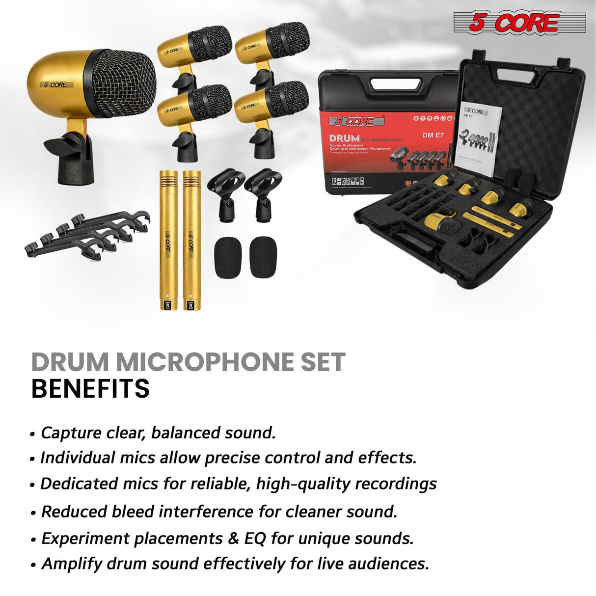 5 Core Drum Microphone Kit 7Pc All Metal Drummer Mics Tom/Snare & Cymbals Wired Instrument Drums Set